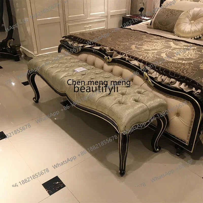 

cc182European leather bedside stool neoclassical luxury solid wood carving flower, first layer cowhide shoe changing stool R