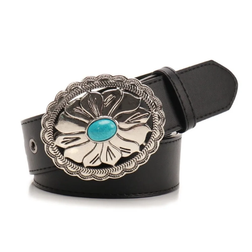 

Fashion PU Leather Belt for Women Vintage Engraved-Buckle Country Belts Black Boho Western Belt for Jeans Pants Dresses