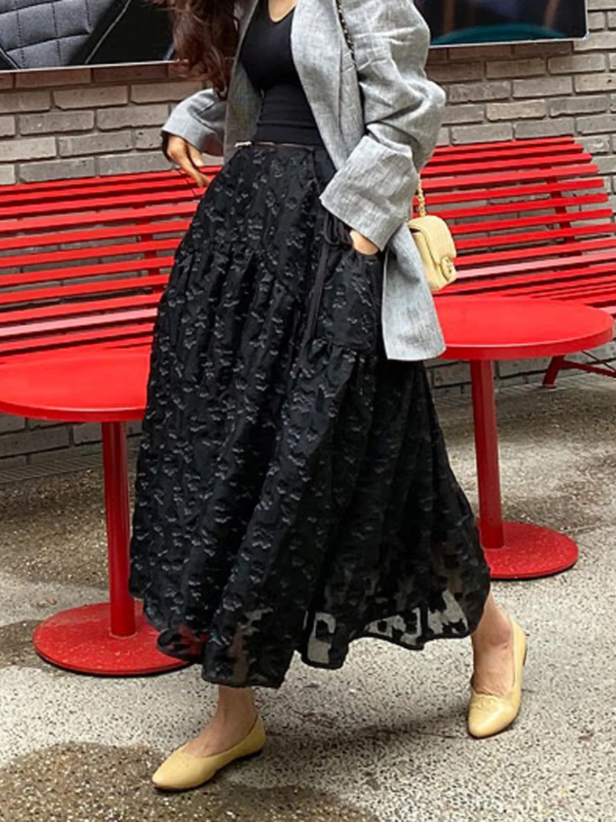 Jacquard Lace Chiffon Tarpaulin Skirt A Word Big Hemline Pleated Ankle Long dress Hepburn Black Dress Low Waist Korean Series