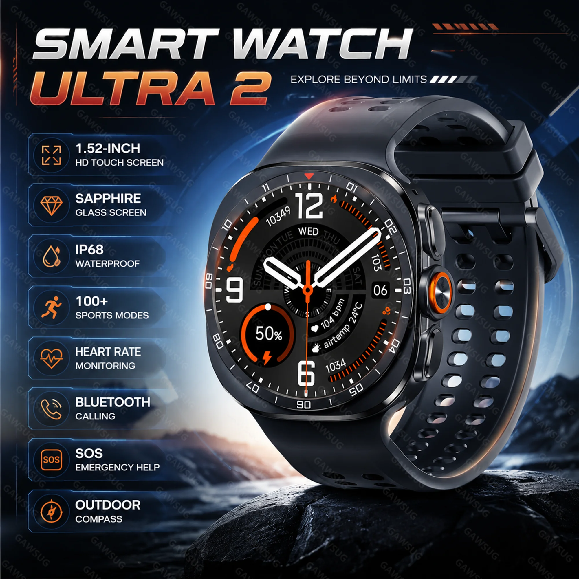 Smartwatch Watches Gift For Women - สมาร์ทวอทช์หน้าจอแซฟไฟร์สำหรับผู้ชายและผู้หญิง ขนาด 1.52 นิ้ว พร้อมเข็มทิศ แบตเตอรี่
