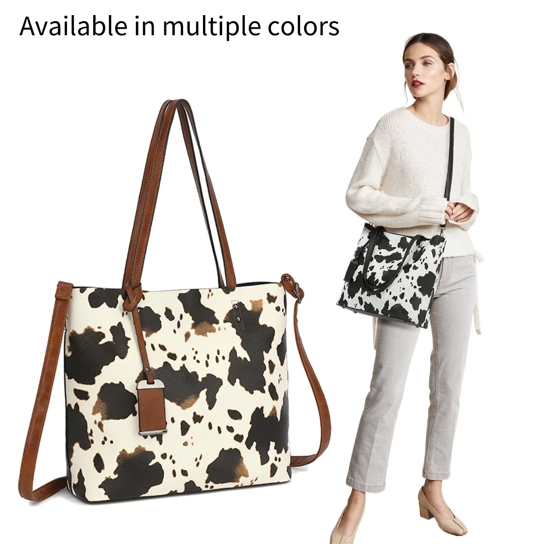 Cow Print Tote Bag for Women Western Purse Boho Top Handle Stachel Handbag with Guitar Strap Gift Brown