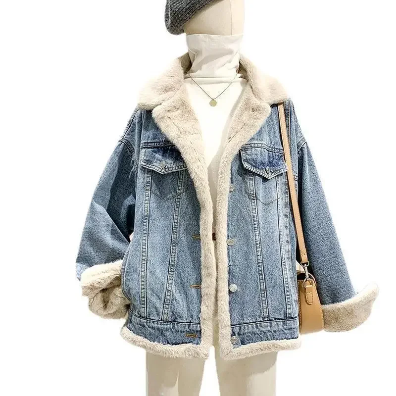 Winter Women Warm Fur Collar Plush Thicken Denim Jacket Lapel Single Breasted Vintage Plush Cowboys Parkas Jean Coats Female New