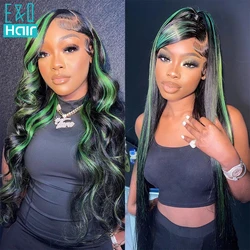 Perruque Body Wave Lace Front Brésilienne Naturelle, Cheveux Lisses, 13x4, Pre-Plucked, à Reflets Vert, pour Femme Africaine