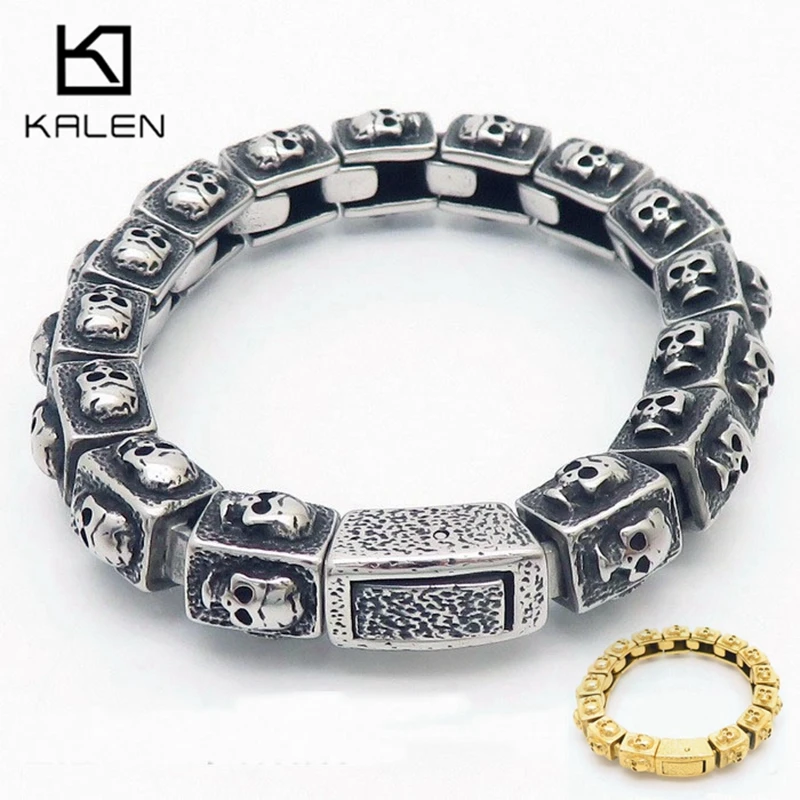 KALEN Vintage Square Skull Head Bracelet for Men Punk Stainless Steel Gothic Party Jewelry Male Charm Gift Trendy Accessories