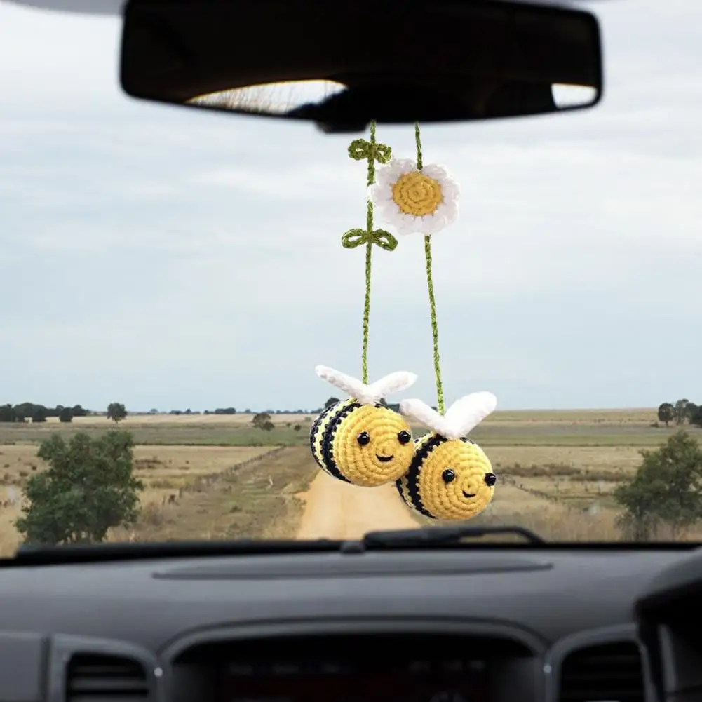 크로셰 꿀벌 자동차 행잉 장식, 자동차 백미러, 수제 뜨게 원사 꽃, 꿀벌 동물 행잉 장식 펜던트