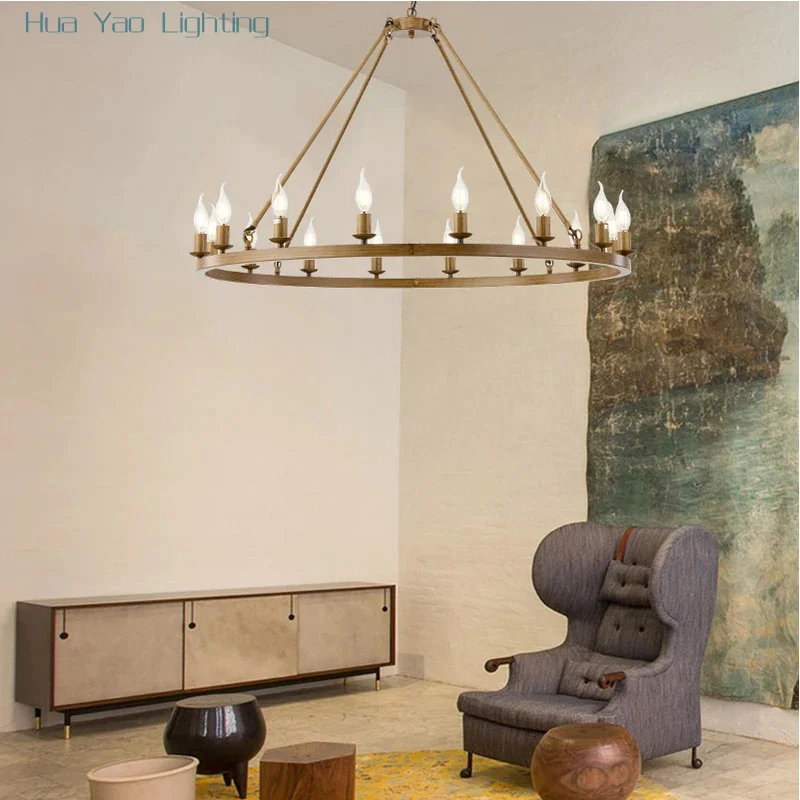 American wagon wheel chandelier light retro industrial candle hanging lamp for restaurant round ceiling pendant lamp W 39.3