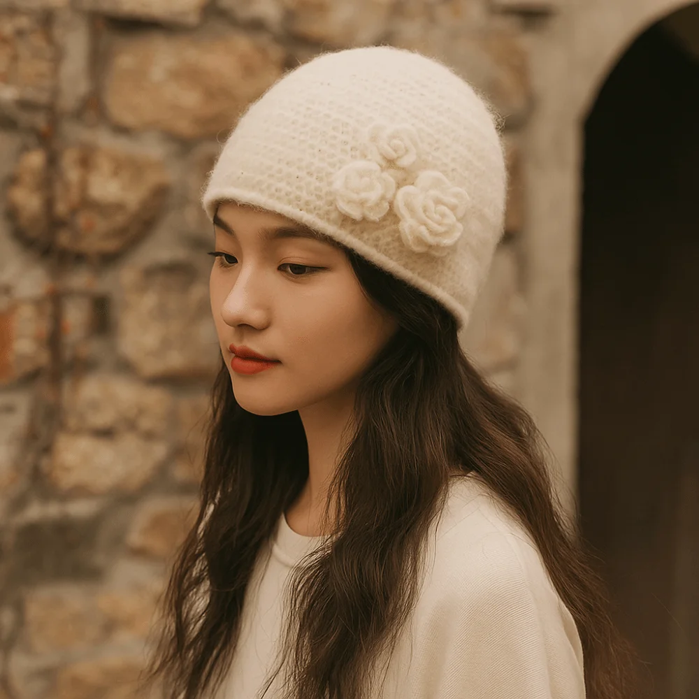 

Personality Solid Color Knitted Woolen Hat Elastic Korean Style Winter Warm Hat All-match Soft Flower Beanie Hat Autumn
