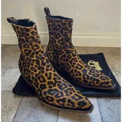 Leopard Print Street Style Men Ankle Boots Pointed Toe Side Zipper Flat with Men Shoes 2024 Fashion Sexy Cool Zapatillas Mujers