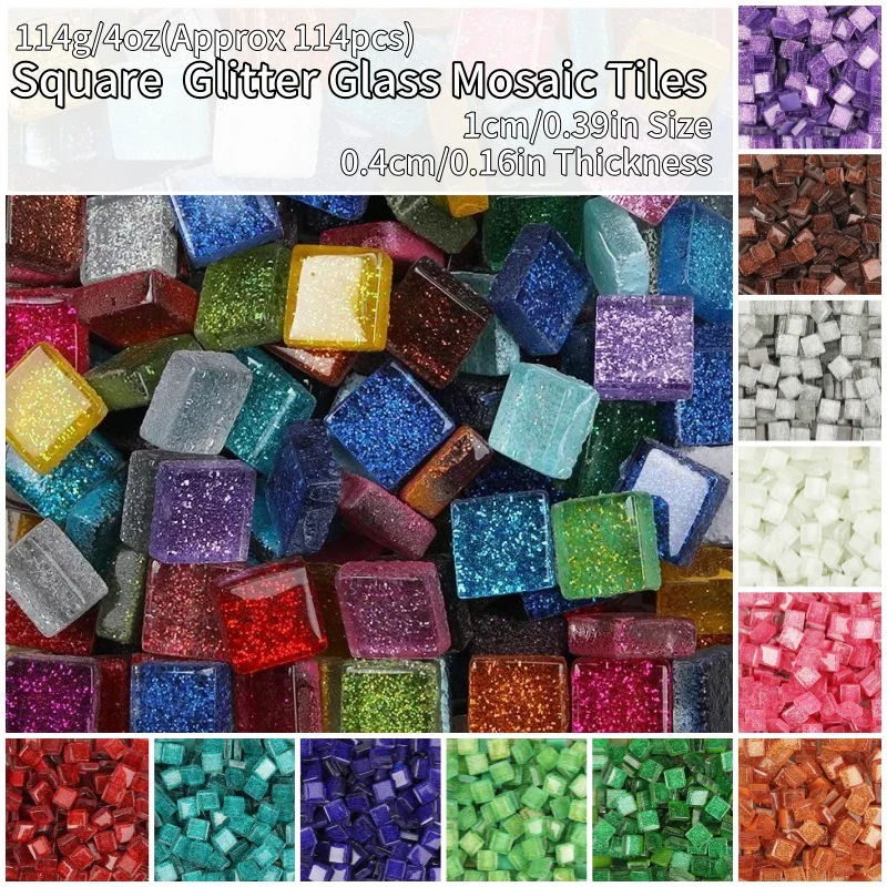 114g/4oz(Approx 114pcs) Glitter Shiny Glass Mosaic Tiles 1cm/0.39in Square DIY Mosaic Craft Materials Multi-Color Mosaic Stones