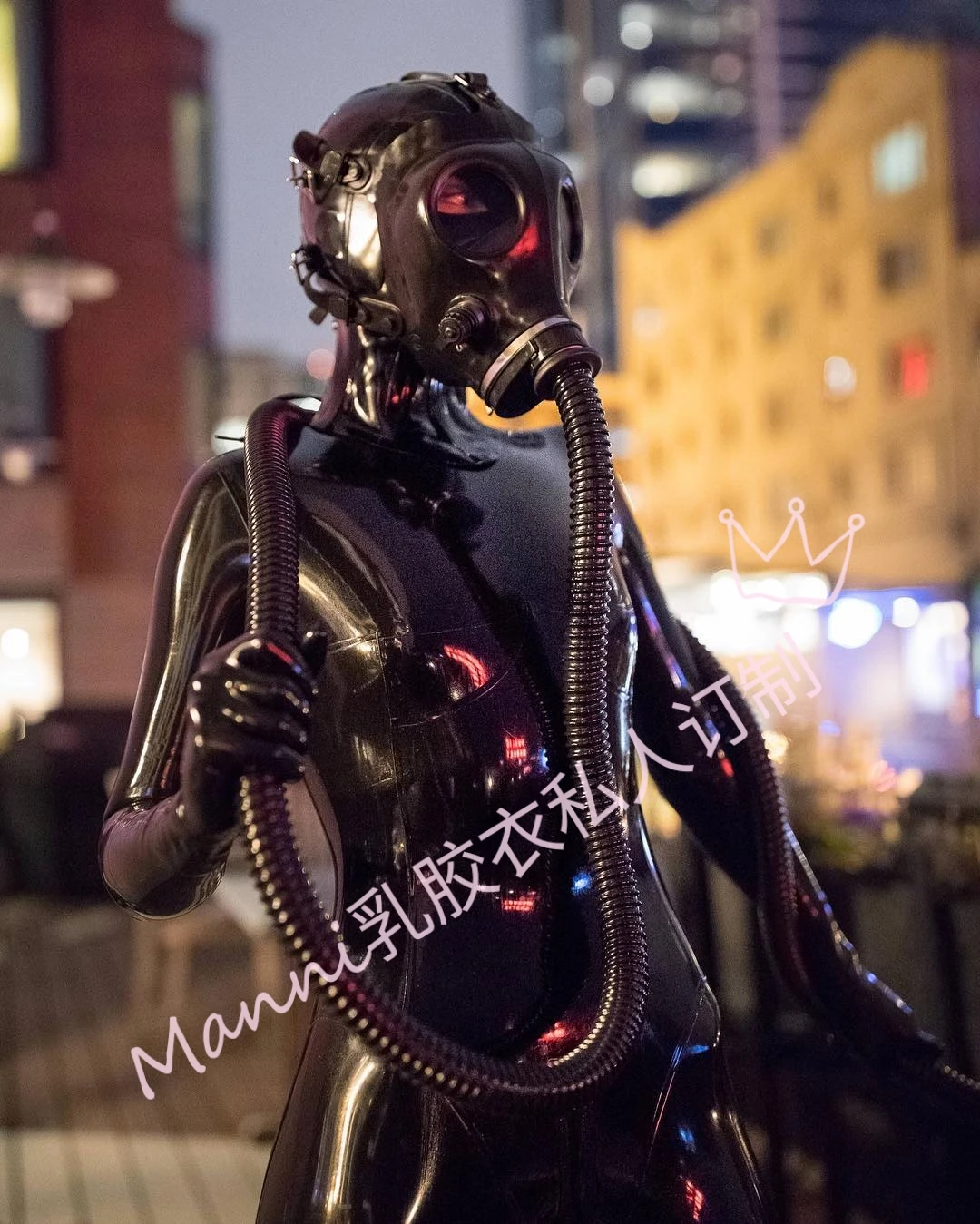 Manni Latex Suit and Natural Latex Gas Mask with Choking Breath Control and Tuning Sexy Tights Cosplay Accessories