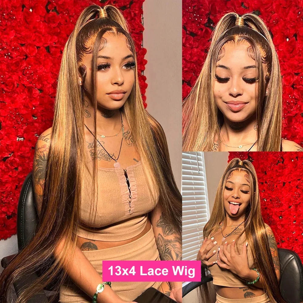 Highlight Wig 13x6 HD Lace Frontal Wig Colored Human Hair Wigs For Women P4/27 Highlight Bone Straight Lace Front Human Hair Wig