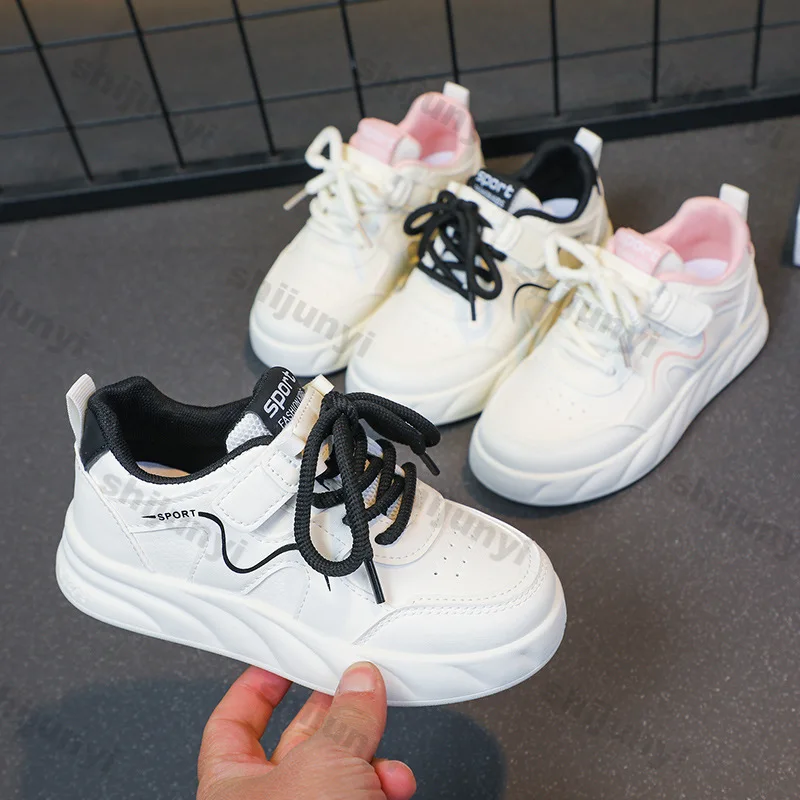 

Children's White Sneakers 2025 Spring Autumn Boys Fashion Cross Tied Casual Shoes Lightweight Comfortable Soft Sole Girls Flats