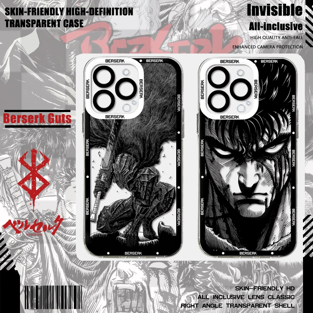 Berserk Guts Hot Blood Anime Phone Case For iPhone 15 14 13 12 11 Mini Pro Max X XR XSMax 6S 6 7 8 Plus SE20 Transparent Cover