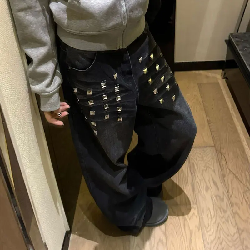 Fashion Rivet Washed Black Wide Leg Jeans Women Vintage Gradient Distressed Pants Autumn Loose Baggy American Denim Trousers