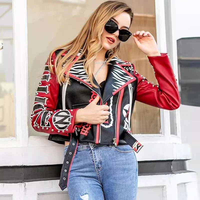 Graffiti Print Motorcycle Leather Jacket Women 2024 Trend Punk Rivets Streetwear Black Red Stitched Faux Leather Cropped Jacket