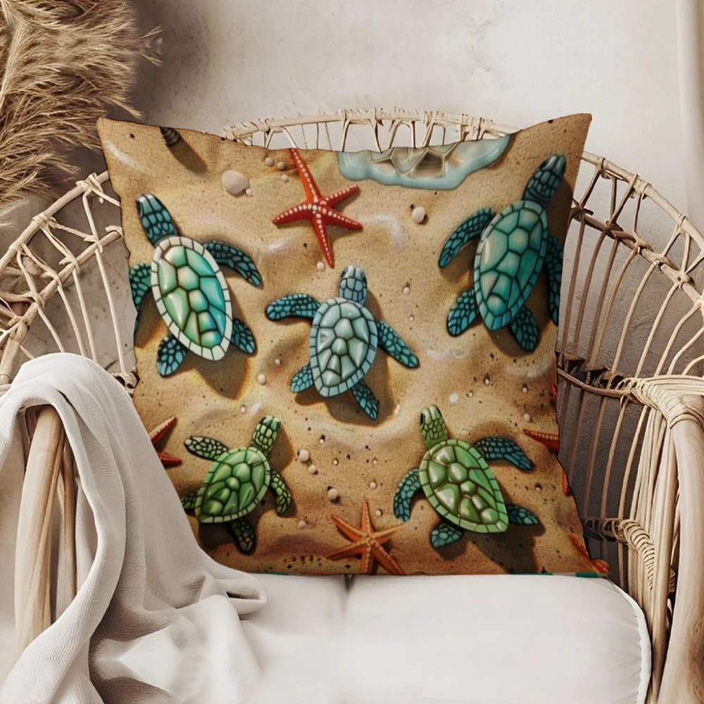 Square Throw Pillow Case Sandy Beige Sea Turtle Starfish Print For Living Room Sofa Bedroom Home Decor Cushion Cover
