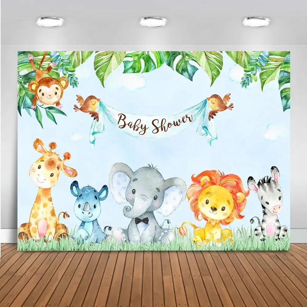 사파리 베이비 샤워 배경, 정글 동물 생일 배경, 나뭇잎 동물, 베이비 샤워 생일 파티 장식 배너