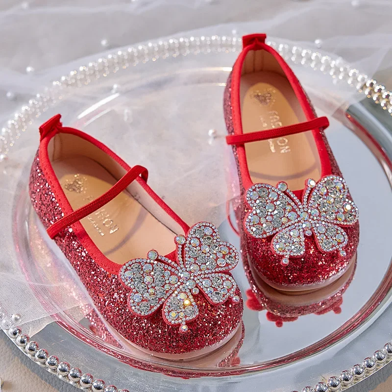 New Autumn Glitter Flat Shoes Kids Low-Cut Princess Shoes Girls Children Soft-Soled Mary Janes with Butterfly Design Casual Shoe