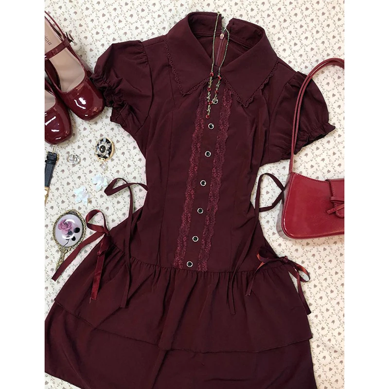 Vestido camisero de retazos de Encaje Vintage para mujer, vestido de manga corta con botones estilo pijo Lolita, Vestidos góticos escalonados Harajuku Y2K ajustados