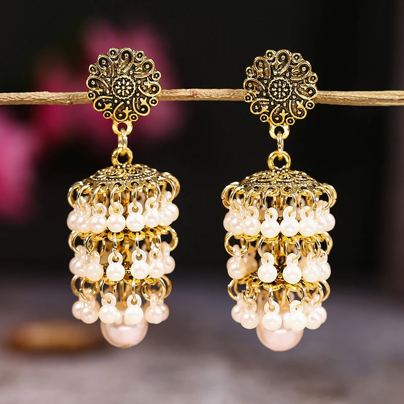 Vintage Layered Pearl Drop Earring For Women Handmade Hanging Pearl Bead Tassel Dangle Earrings Ethnic Wedding Indian Jewelry