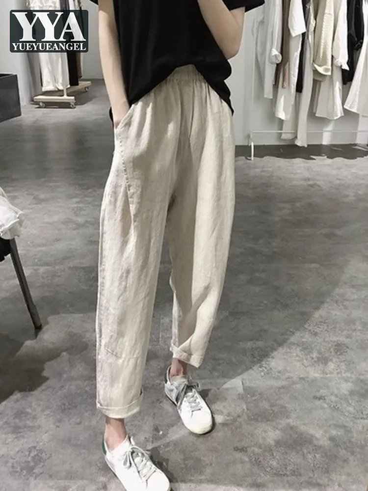 

Harajuku Women Linen Pants Summer High Elastic Waist Loose Fit Casual Ankle Length Trousers Vintage Harem Pants Female Size 4XL
