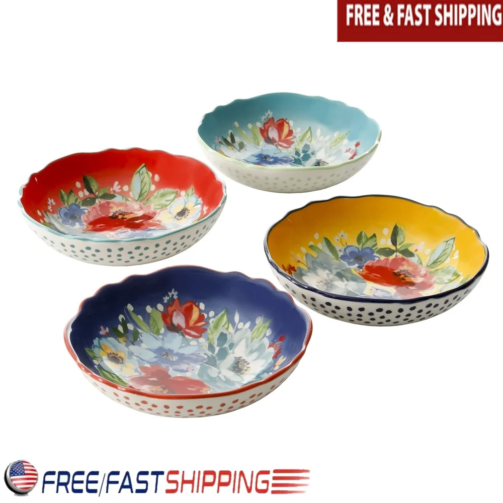 

4-Piece Durable Stoneware Pasta Bowl Set with Vintage Floral Patterns Dishwasher Microwave Safe Ideal Serving Gifts Collectibles