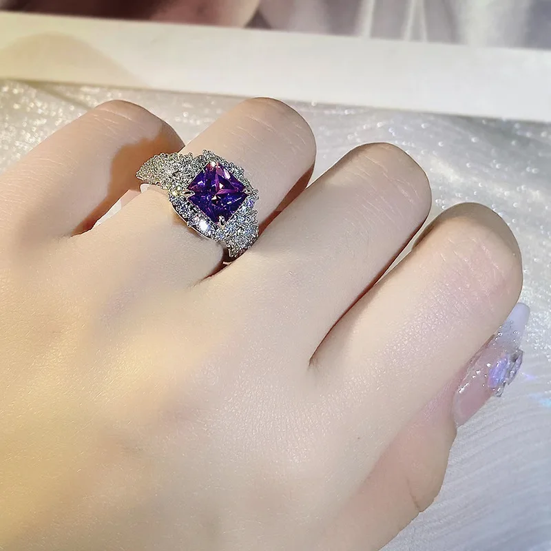 2022 NEW Fashuon Super Sparkling Amethyst  Adjustable Opening Couple Rings For Women Purple Full Diamond Engagement Gift Jewelry