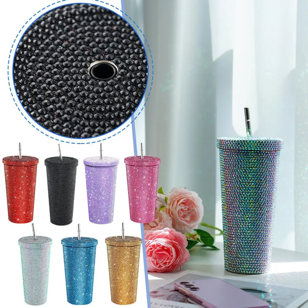 750ml Shining Rhinestone Stainless Steel Double Layer Cups Straw Cup With Lid Water Bottle Women Glitter Cup Water Cups