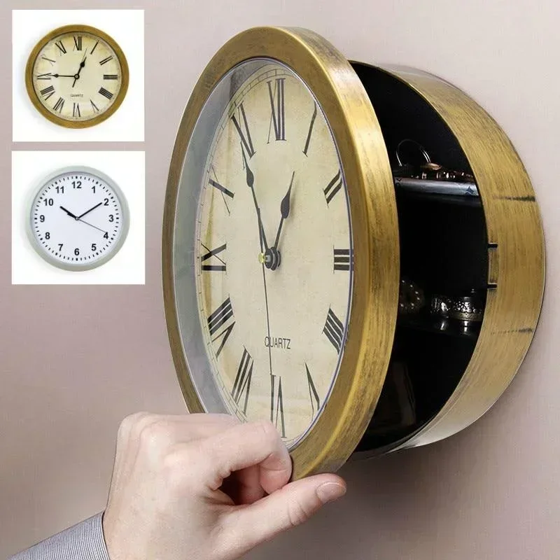 1pcs Copper Retro Wall Clock Jewerly Storage Safe Home Decoration Valuables Safe Hidden Storage Box