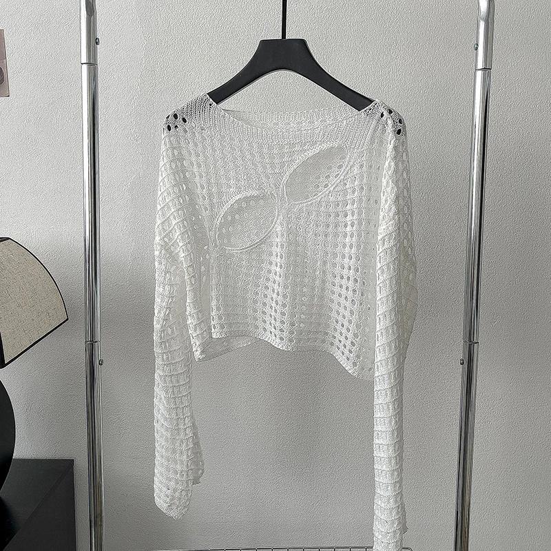 Cut Out Crochet Top Pullovers Women Long Sleeve Cutout Crop Knit Sweater Jumpers Teengirl Y2K Grunge Aesthetic Outfit