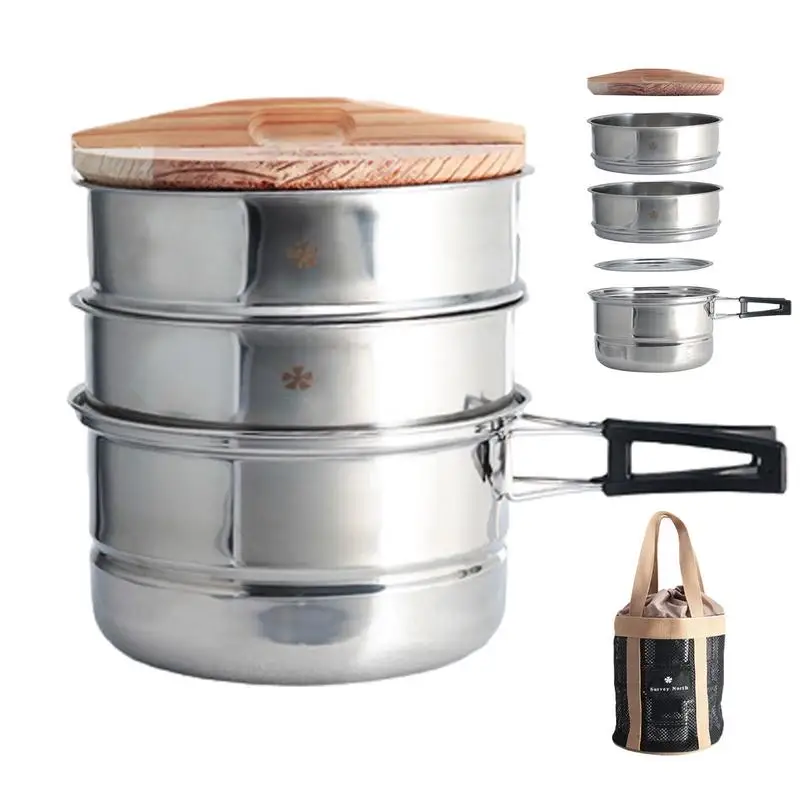 

Camping Steamer For Cooking Stackable Pan Insert Bun Steamer Multi Layer With Wooden Lid Portable Multifunctional Titanium Pot