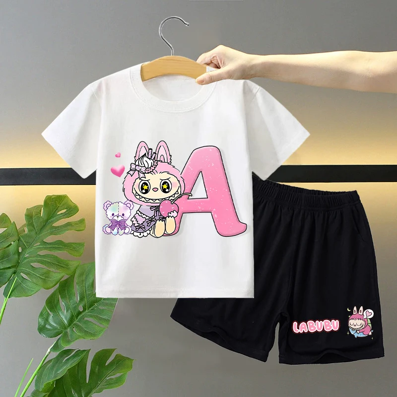 

2pcs Labubu T-shirt Shorts Set for Children Cartoon Letter A-Z Printed Short Sleeved Top Pants Suits Summer Fashion Clothes Sets