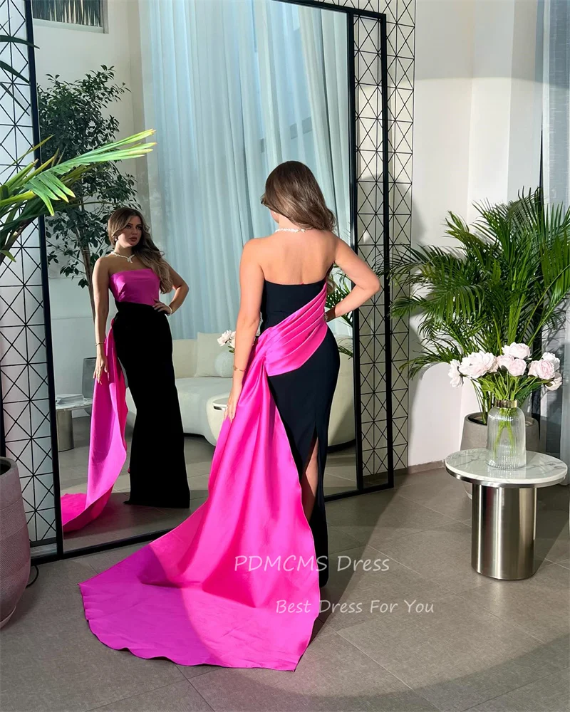 Charming Pink Satin Evening Party Dresses Customized Strapless Floor Length Simple Party Dress Arabic Women Formal Evening Gowns