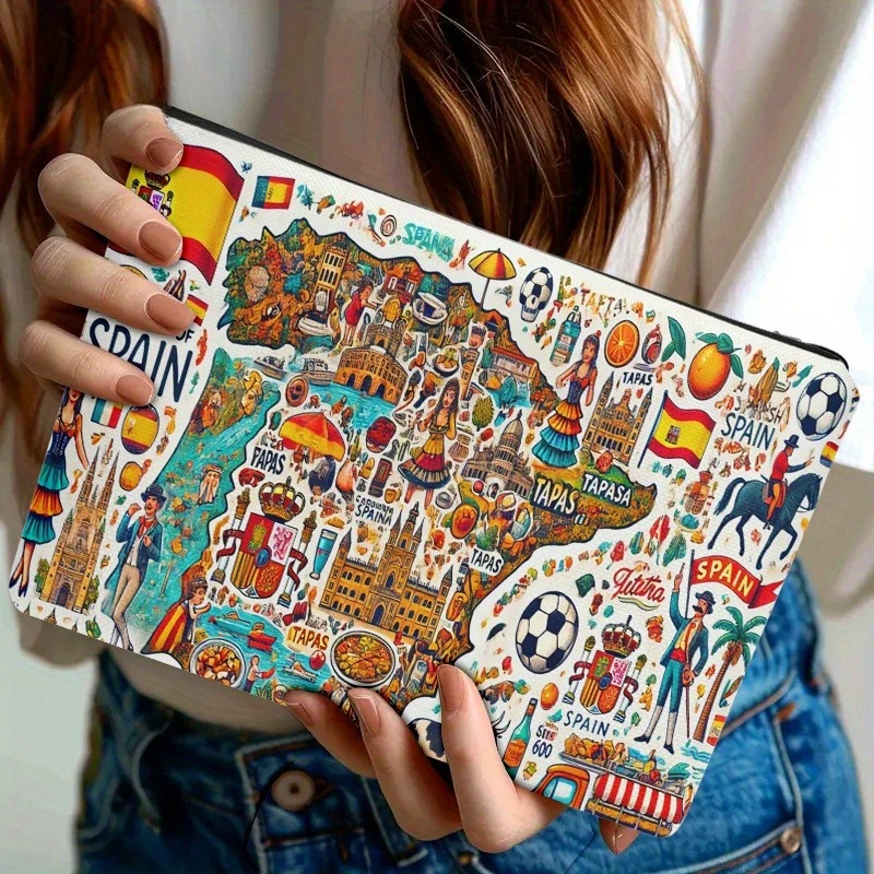 Cosmetic Bag 1pc, Map of Spanish Culture and Charm, Double-sided Printing | Travel Toiletry Bag | Zipper Closure
