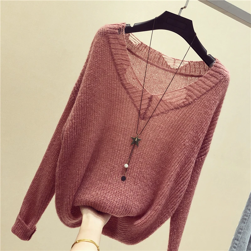 

Hollow Knit V-neck Sweater Spring Summer Thin Style Long Sleeved Top Women's Autumn New Loose Large Size Pullover With Holes