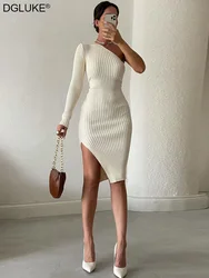 One Shoulder Long Sleeve Bodycon Dress Ribbed Knitted Autumn Winter Dress Women Elegant Midi Party Dresses White Black