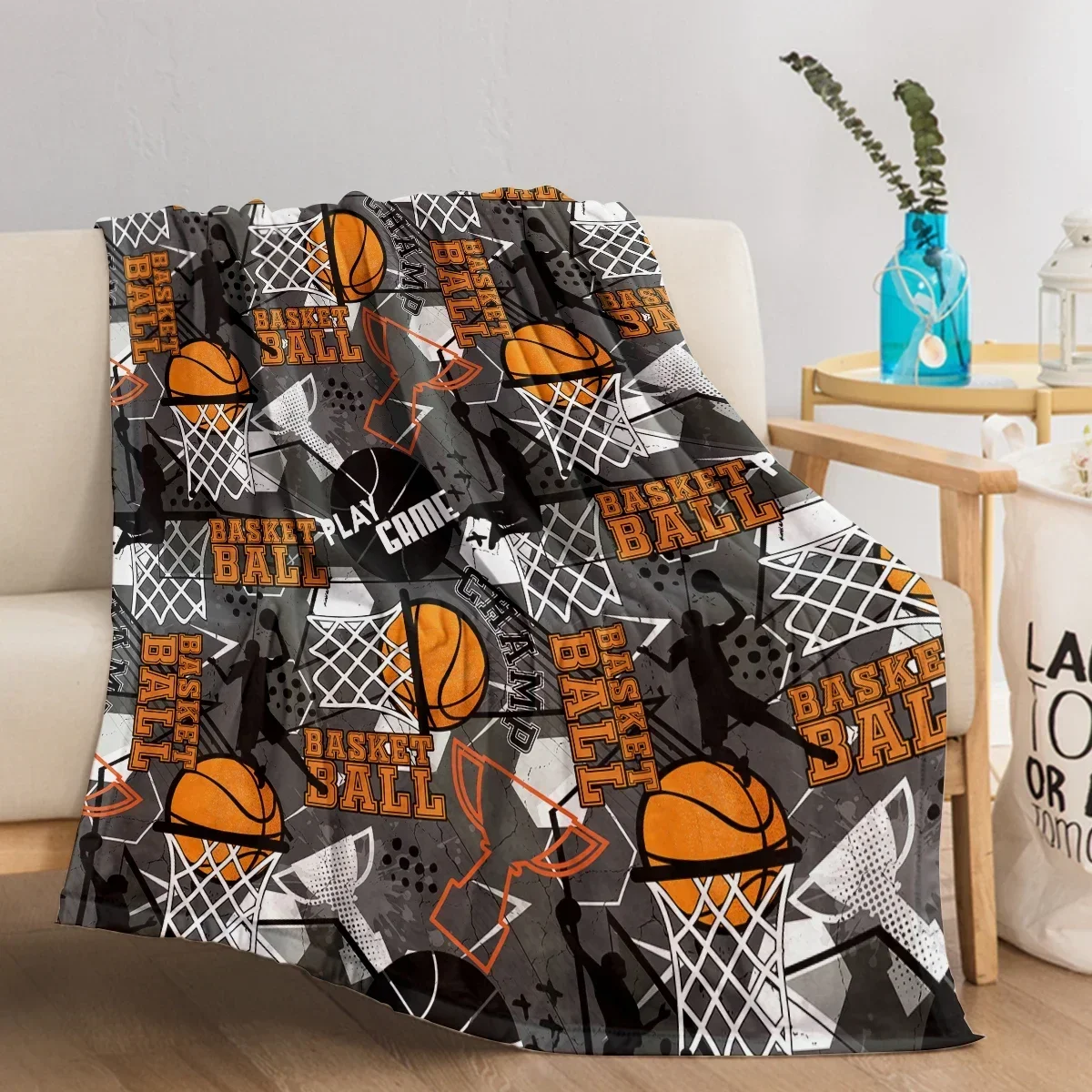 Sports Blanket Printed with basketballs and trophies Warm Cozy Soft Throw Blanket for All Season for Couch Sofa Bed