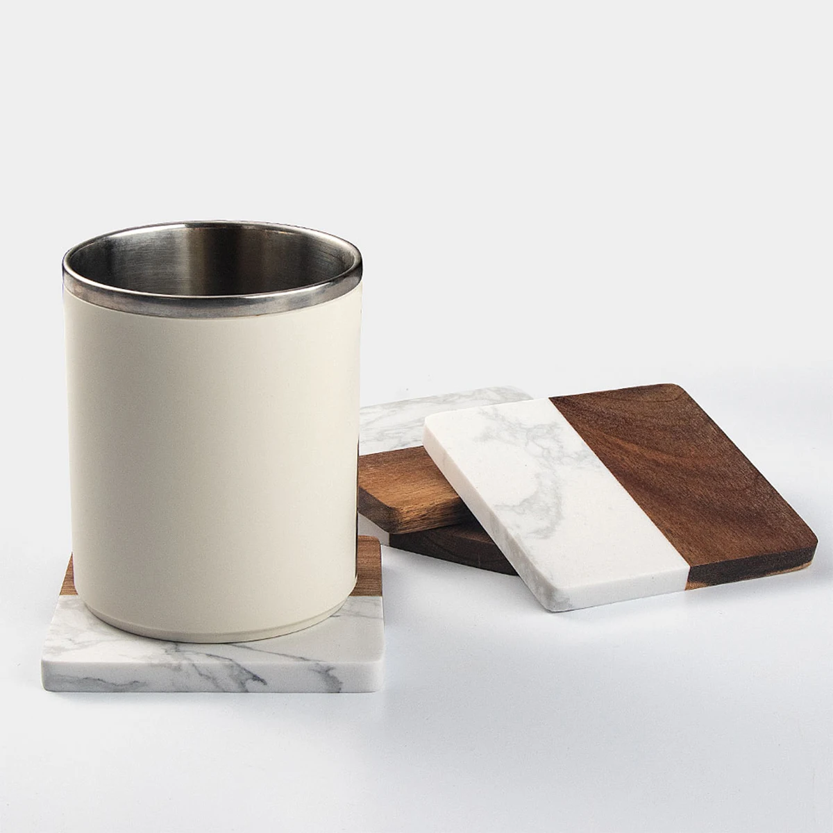 

Acacia Wood & Marble Coasters (4-Pack) - Square Heat-Resistant Drink Mats | Modern Decor for Kitchen Counter & Tea Table