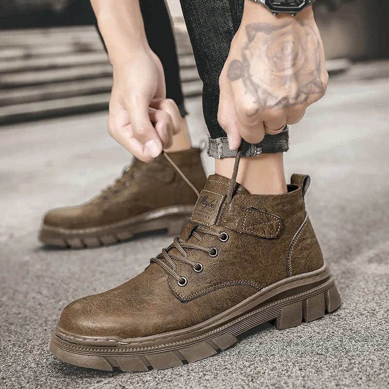 Work Boots for Men Men's Ankle Designer Luxury High Top Men's Biker English Style Leather Branded Lace Up Shoes Botas Hombre Man