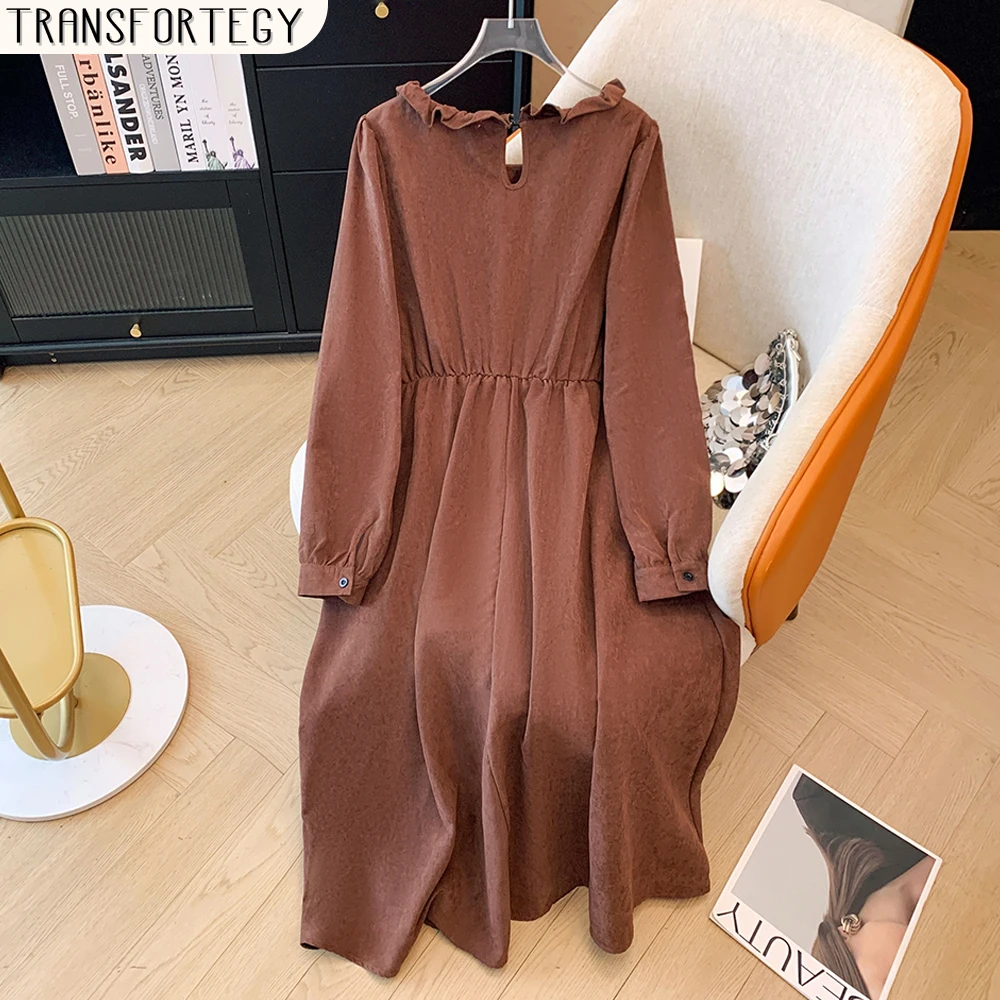 Plus size feminino primavera e outono solto confortável casual commuter moda café cor cintura elástica manga longa vestido longo