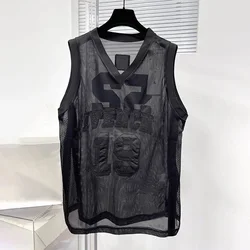 Mens Vest Digital Embroidery Semi Transparent Mesh Sleeveless Vest Summer Casual Sexy Youth trend Top Men's Clothing Unisex 2024