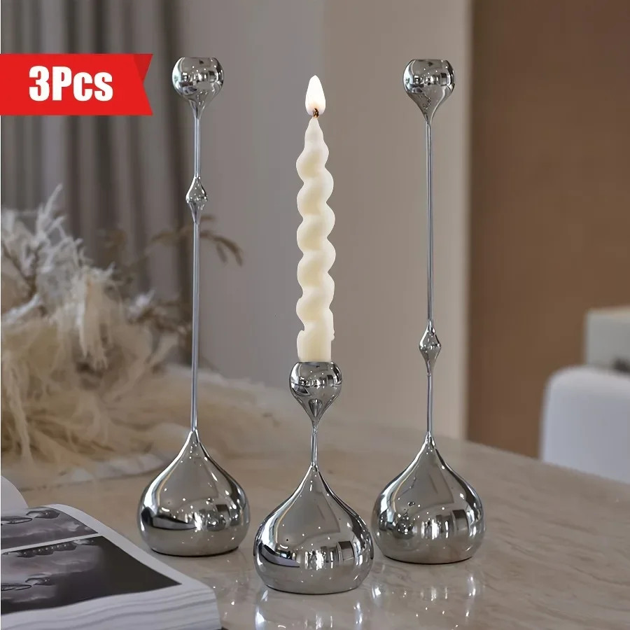 3pcs Silver Metal Candle Holder Sparkling Water Drop Design Candlesticks Light Luxury Modern Home Decor for Holiday Wedding