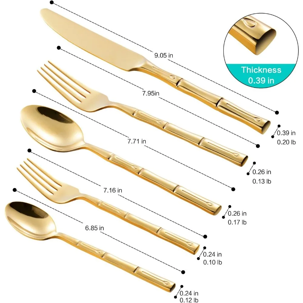 Silverware Set Gold Flatware Set Stainless Steel Bamboo Handle Cutlery Set Mirror Polished 60 Pieces