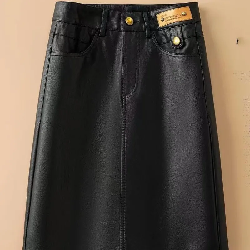 Women's Autumn Winter New Fashion Elegant Solid Color Pocket Button Casual Versatile High Waist A-line Half Length Leather Skirt