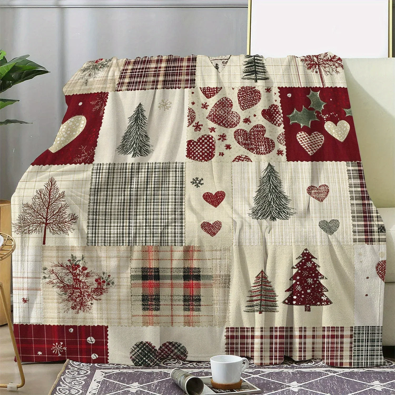 1PC Weihnachts-Flanelldecke, Patchwork, Weihnachtsbäume, Herzen, gemütliches Sofa, festliche Wärme, langlebig, weich, Urlaubsdekoration, zertifizierte Qualität
