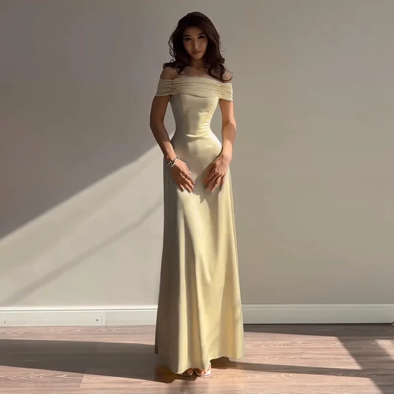 Retro fora do ombro painel design volta bandagem cetim amarelo a linha saia de luxo magro dobras vestido longo festa de formatura vestidos robe