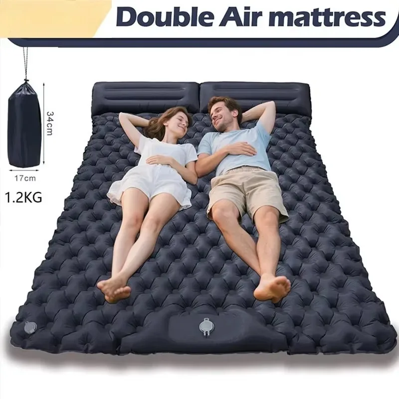 Double Self-inflatable Sleeping Mat with Pillow, Built-in Foot Pump, Inflatable Sleeping Mat, Portable Camping Mat Fast Delivery