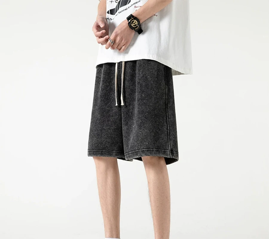 290 Gsm 100% Cotton Acid Wash Shorts Vintage Hip Hop Loose Shorts Running Male shorts