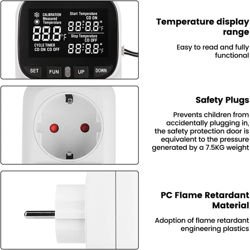 Digital Plug In Thermostat Outlet120v Heating Cooling Control 110V 15A Celsius Fahrenheit Display,For Greenhouse US Plug