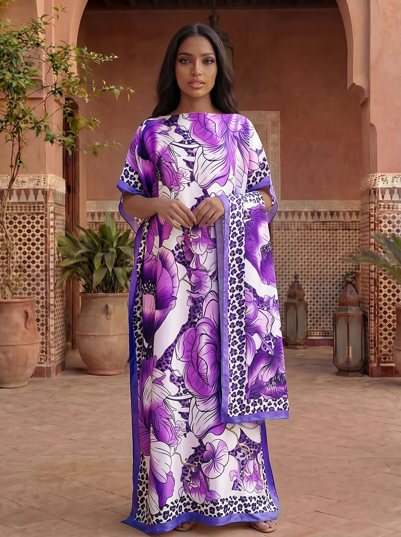 Leopard Border Big Floral Print Satin Abaya With Scarf, Loose Maxi Kaftan For Muslim Women Summer Beach Wear